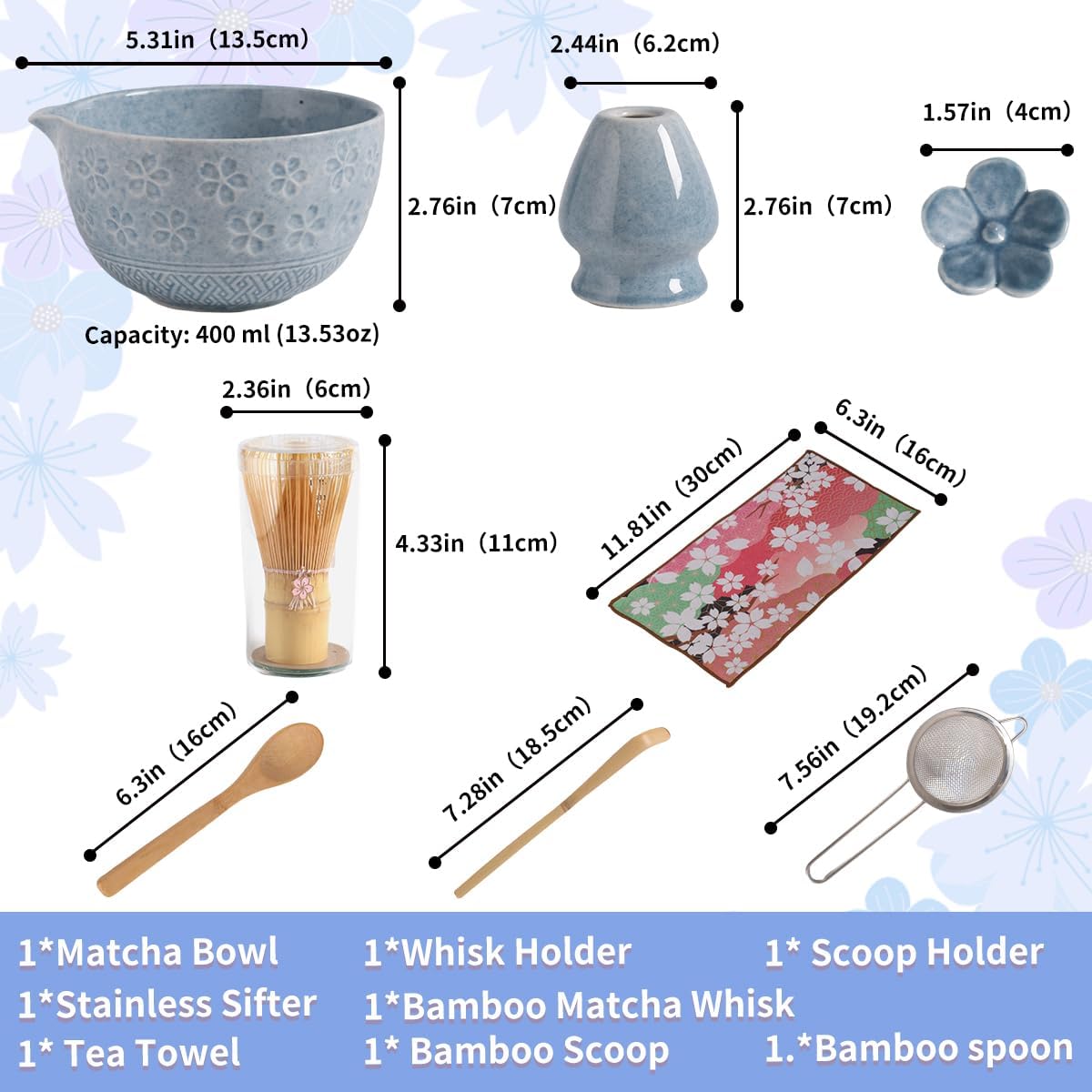 8-Piece Matcha Ceremony Set - Tea Kit with Cherry Blossom Bowl, Bamboo Whisk, Wood Scoops, Tea Cloth & Floral Display - Gift-Ready Pink Cherry color box (blue)