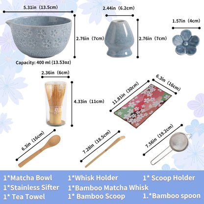 8-Piece Matcha Ceremony Set - Tea Kit with Cherry Blossom Bowl, Bamboo Whisk, Wood Scoops, Tea Cloth & Floral Display - Gift-Ready Pink Cherry color box (blue)