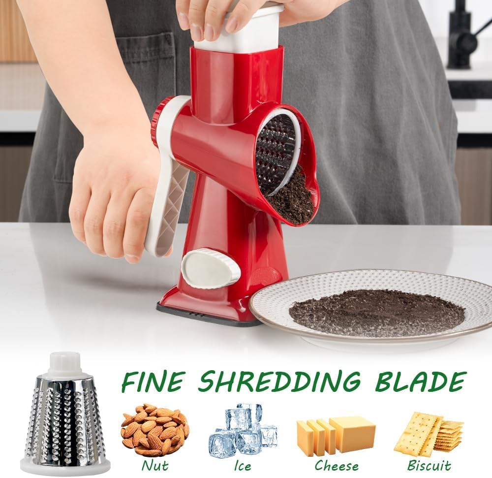 3 in 1 Manual Vegetable Cutter Machine with Stainless Steel Changeable Blades Rotary Cheese Grater Kitchen Tool Potato Slicer Shredder Nuts Chocolate Chopper (Transparent black)