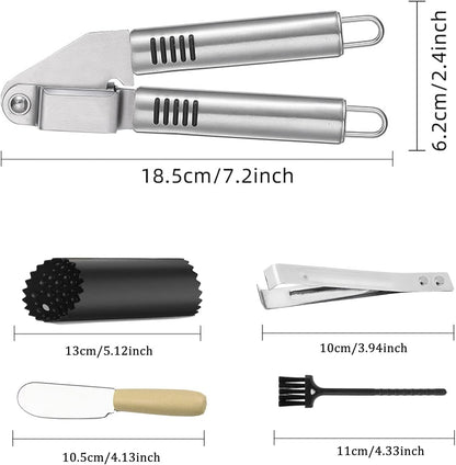 MANJIA Garlic Press and Peel Set Stainless Steel- Rust Proof Garlic Mincer Tool - Easy-Squeeze, Easy-Clean Silicone Garlic Peeler & Brush (Green)