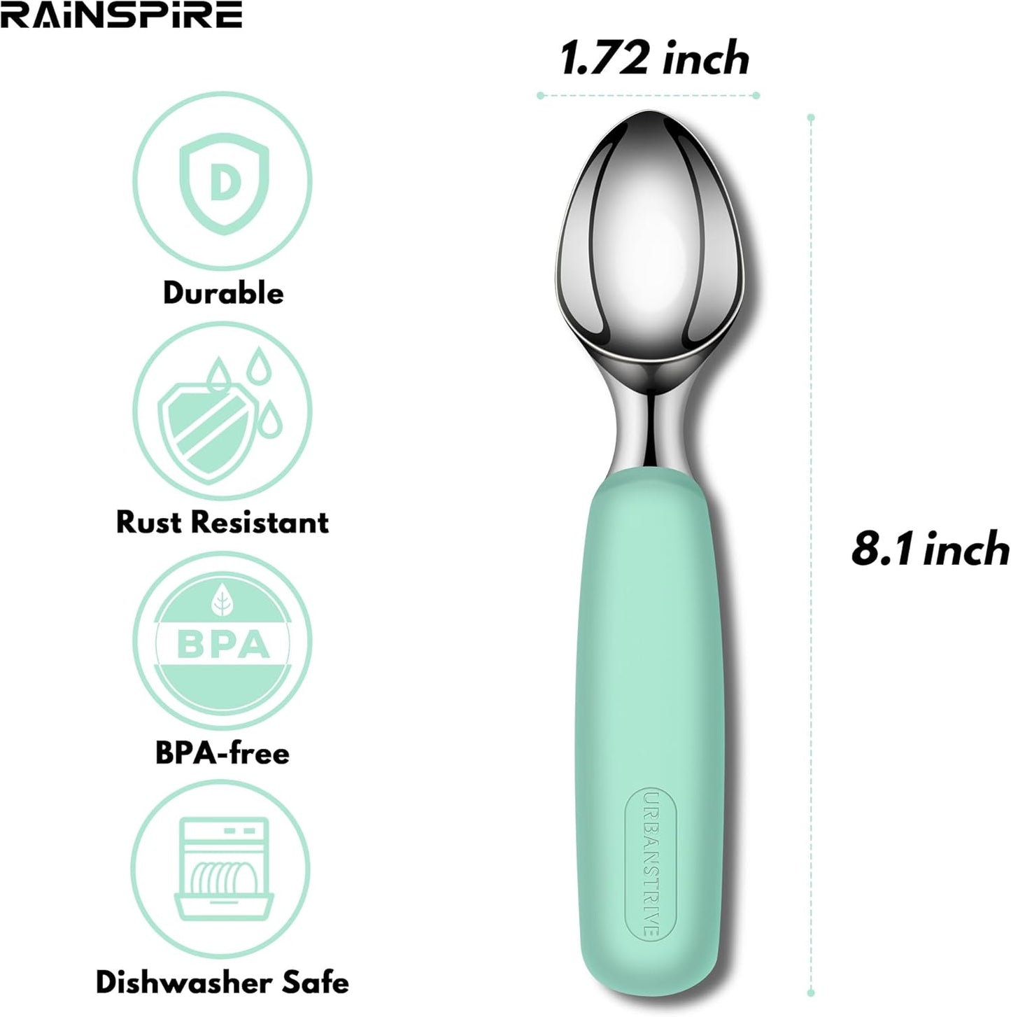 Urbanstrive Ice Cream Scoop Stainless Steel, Ice Cream Scooper Professional Large Ice Cream Scoops With Non-Slip Rubber Handle, Ice Cream Spade for Cookie Dough, Gelato, Sorbet, Melon (Black)