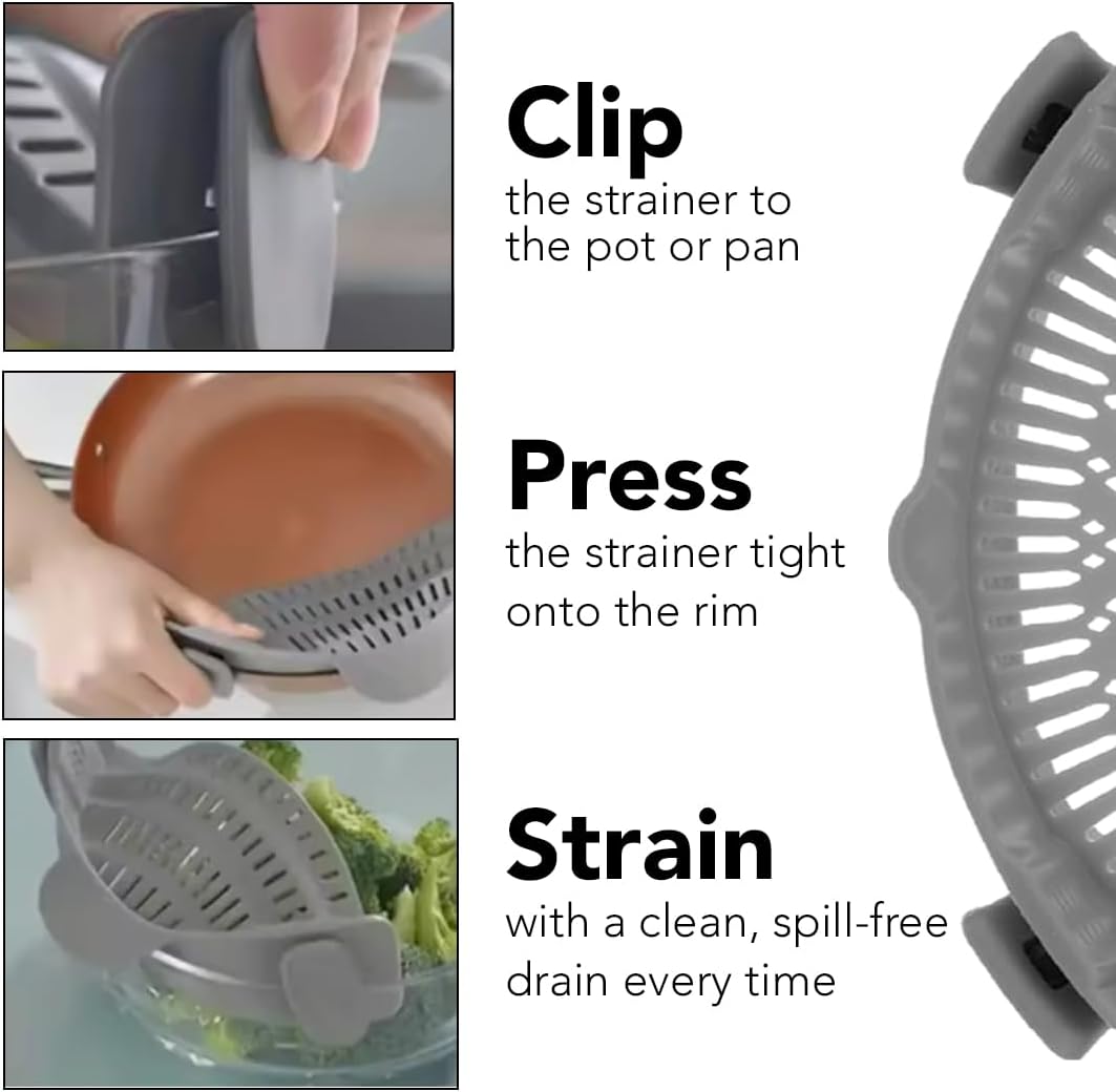 Clip‑On Pot Strainer Silicone Gray Dishwasher‑Safe Side‑Mount Design 9.4×4.6×2.5 Inches | Snap Drain Colander for Pans Bowls Skillets | Heat‑Resistant Kitchen Gadget Splash‑Guard