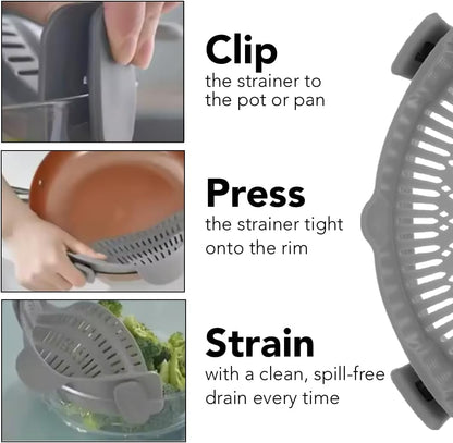 Clip‑On Pot Strainer Silicone Gray Dishwasher‑Safe Side‑Mount Design 9.4×4.6×2.5 Inches | Snap Drain Colander for Pans Bowls Skillets | Heat‑Resistant Kitchen Gadget Splash‑Guard