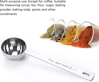 2 Pack Coffee Scoop, Tablespoon measure spoon contains 1 tablespoon (15ml) and 2 tablespoons (30ml), Stainless steel long handle coffee spoon silver