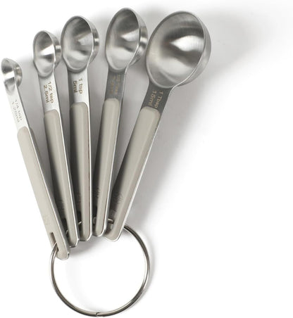 Calphalon Prime Measuring Spoons, Plastic Measuring Spoon Set, 5-Piece Stainless Steel Measuring Spoons Navy Silicone Handle Accurate, Durable for Spices and Small Portions