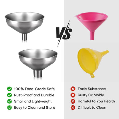 Serinar 2-Piece Stainless Steel Kitchen Funnel Set with 1-Inch and 0.5-Inch Ports for Transferring and Filling Liquids, Coffee Beans, Spice Blends, and Powders Easy to Clean!