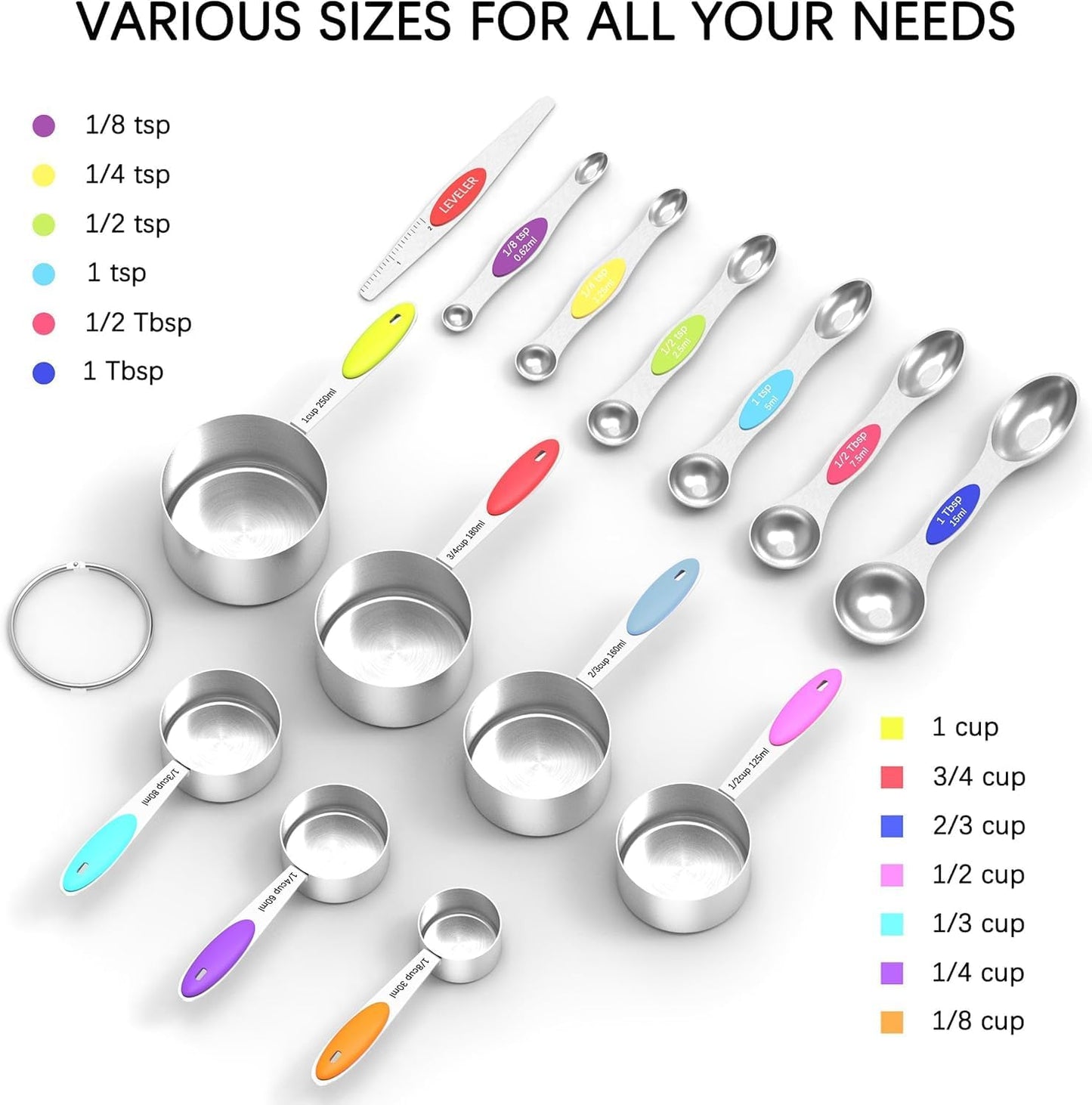 TILUCK measuring cups and magnetic measuring spoons set, stainless steel measuring cups, 6 double-sided stainless steel measuring spoons & 1 leveler (12)