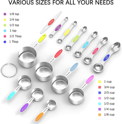 TILUCK measuring cups and magnetic measuring spoons set, stainless steel measuring cups, 6 double-sided stainless steel measuring spoons & 1 leveler (12)