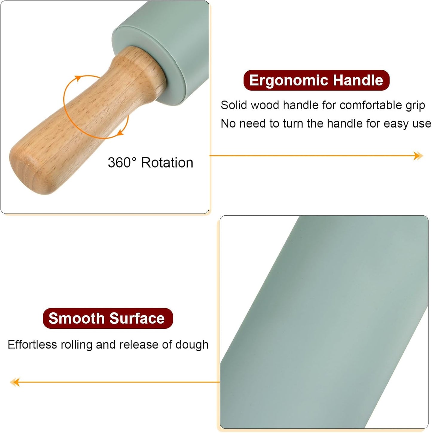 HARFINGTON Silicone Rolling Pins for Baking 12.2 Inch Non-Stick Silicone Surface Wooden Handle Rolling Pin Small Roller Playdough Rolling Pins for Fondant Kitchen Dough Pizza, Green