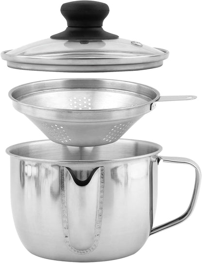 Stainless Steel Fat Separator with Strainer & Glass Lid, 1000ml Gravy Grease Separator for Soup, Stew, and Sauces,Two-Way Outlet, Multi-Use Kitchen Essential