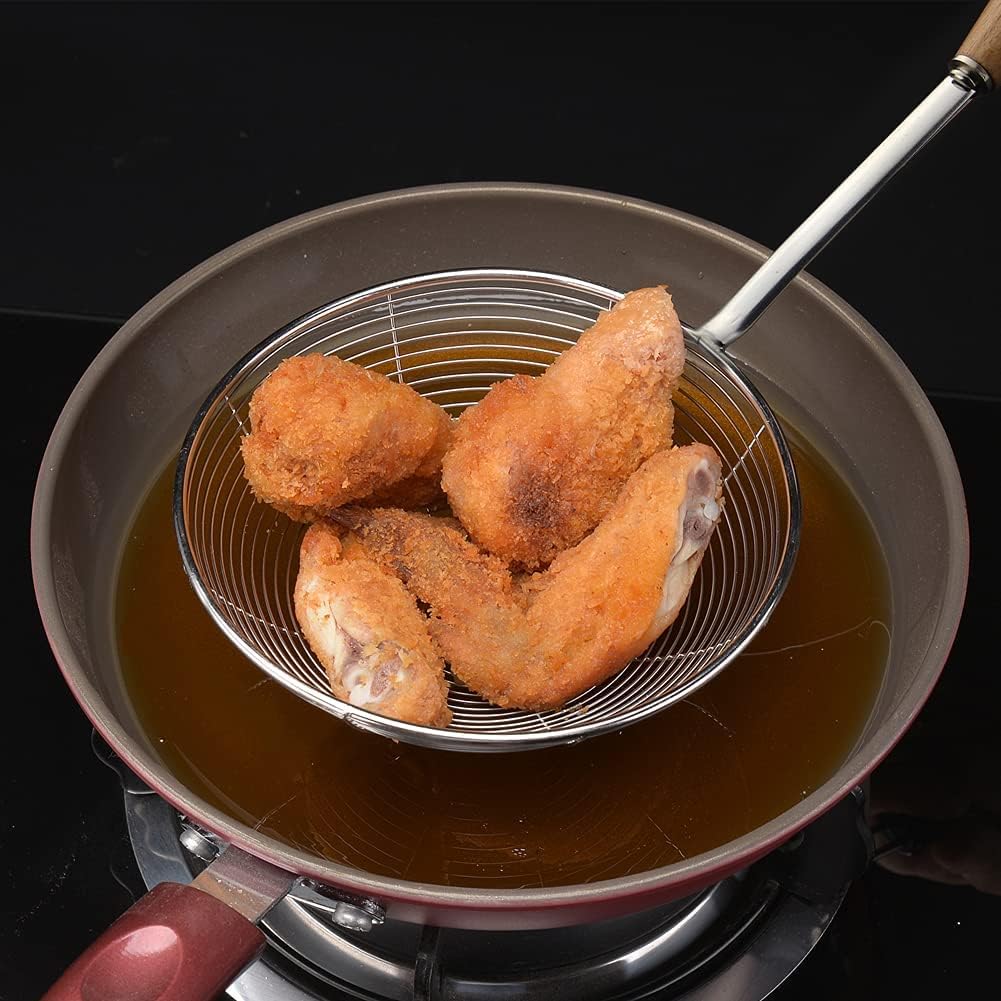 IQCWOOD Spider Strainer Skimmer with Wood Handle - 5.5 Inch Fryer Scoop for Cooking and Frying, Kitchen Utensils Pasta Strainer Spoon