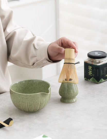 TANG PIN Matcha Set - Match Bowl and Whisk, 15 OZ, Matcha Scoop | Matcha Whisk Stand (Chasen Holder) - 4pc Perfect Matcha Kit for Matcha Tea Ceremony (Mottled Green)