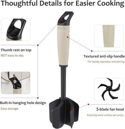 Ourokhome Meat Chopper and Potato Masher, Heat Resistant Nylon Ground Beef Smasher for Hamburger, 5 Curved Blades Nonstick Mixer & Stirrer, Practical Kitchen Gadgets, Black