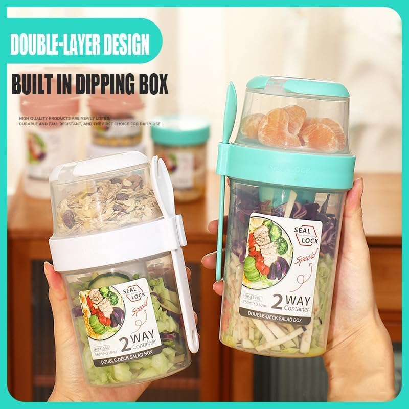 2 Pcs Salad Shaker Cup with Lids and Fork Fresh Salad Shaker Container for Lunch, Portable Breakfast Meal Vegetable and Fruits