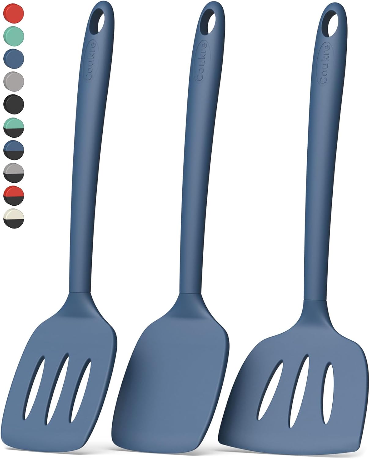 Coukre 3 Pack Silicone Spatula Set, High Heat Resistant, BPA-Free, Fish Spatula, Solid & Slotted Turner for Non-Stick Pans, Flipping Eggs, Pancakes, Fish, Burgers (3, PureBlack)