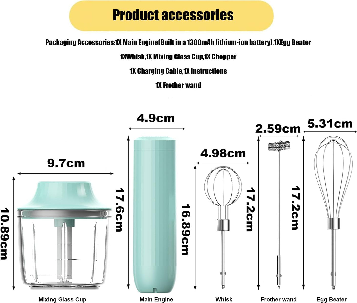 Cordless Hand Mixer MixgoII, Handheld Mixer Electric Whisk & Milk Frother, Hand Held Mini Mixers, Rechargeable Hand Mixer and Whisker, Food Processor for Cooking, Food Chopper, 4-Speed, 10Oz