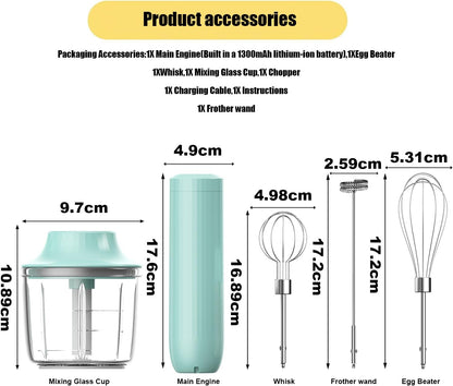 Cordless Hand Mixer MixgoII, Handheld Mixer Electric Whisk & Milk Frother, Hand Held Mini Mixers, Rechargeable Hand Mixer and Whisker, Food Processor for Cooking, Food Chopper, 4-Speed, 10Oz