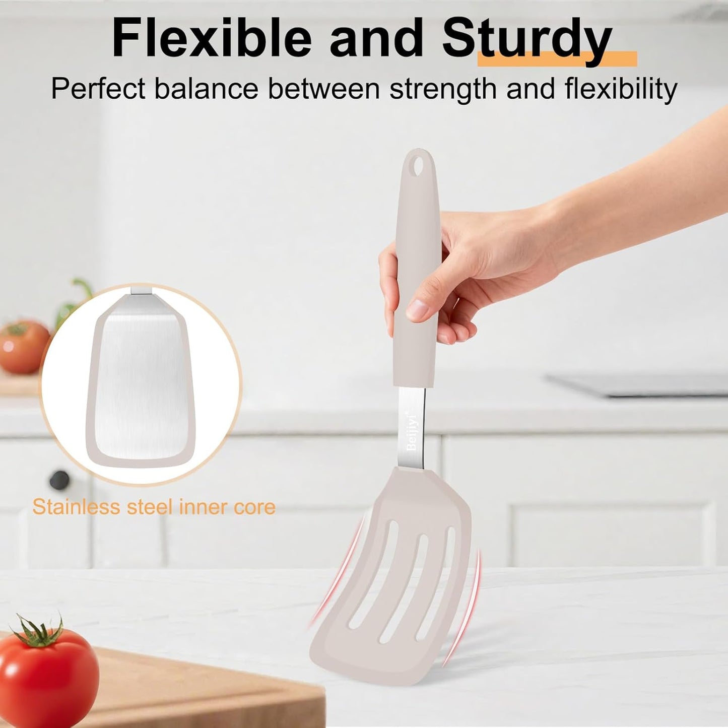 Beijiyi 2 Pack Silicone Spatula Set, 600°F Heat Resistant Spatulas for Cooking, BPA Free Kitchen Utensils, Solid & Slotted Flexible Turner for Non Stick Frying Pan, Flipping Eggs, Pancakes (Black)