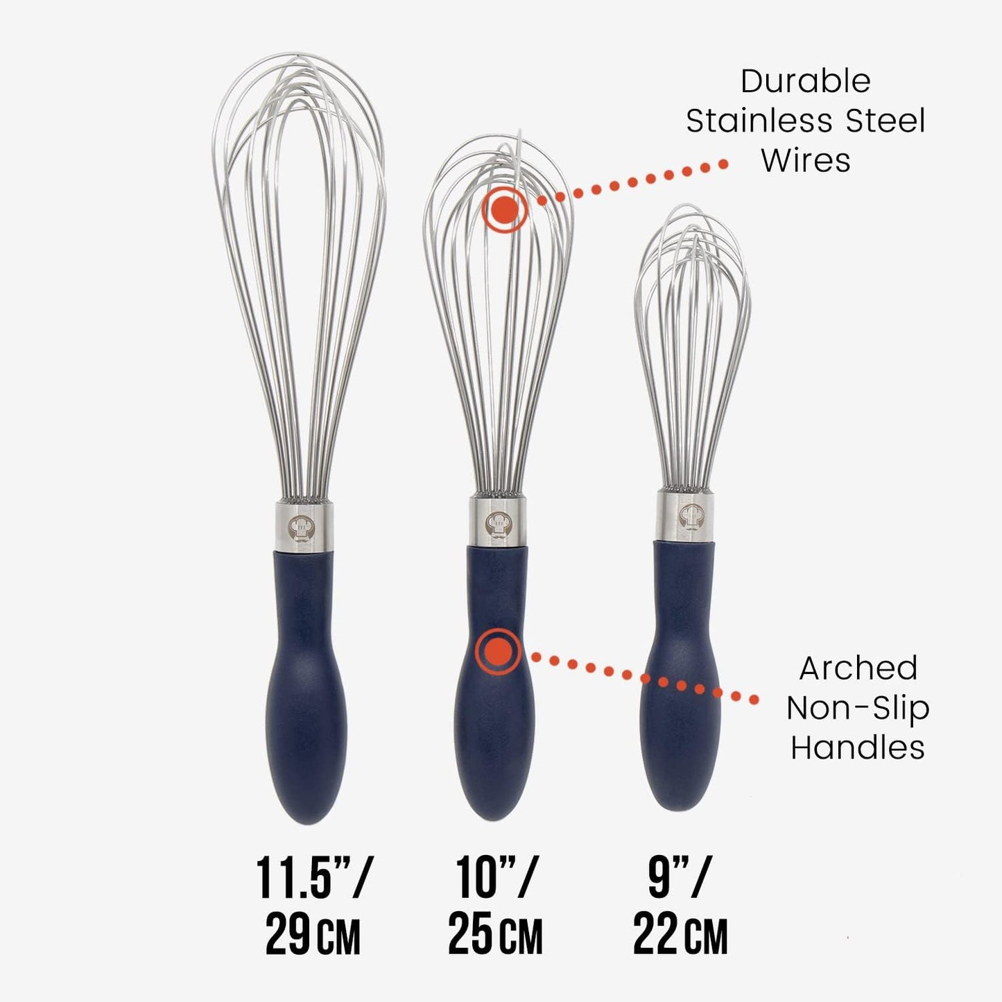 Chef Pomodoro 3-Piece Kitchen Whisk Set, Stainless Steel Whisks for Cooking, Wisk Kitchen Tool, Thick Wire Whisk Set, Wisking Tool for Cooking, Blending, Whisking, Beating and Stirring