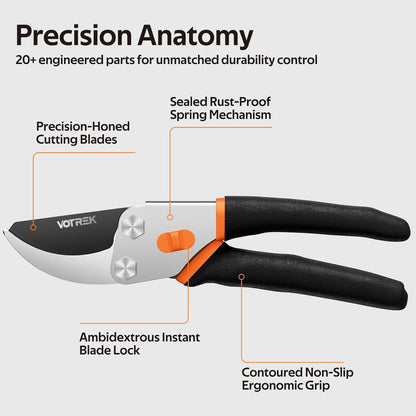 VOTREK® Pruning Shears, 8.5” Professional Garden Pruner with Jam-Proof Spring & Ever-Sharp SK5 Blade, Ergonomic Bypass Clippers for Rose, Tree Trimming, Heavy Duty Bonsai Scissor for Weak Hand