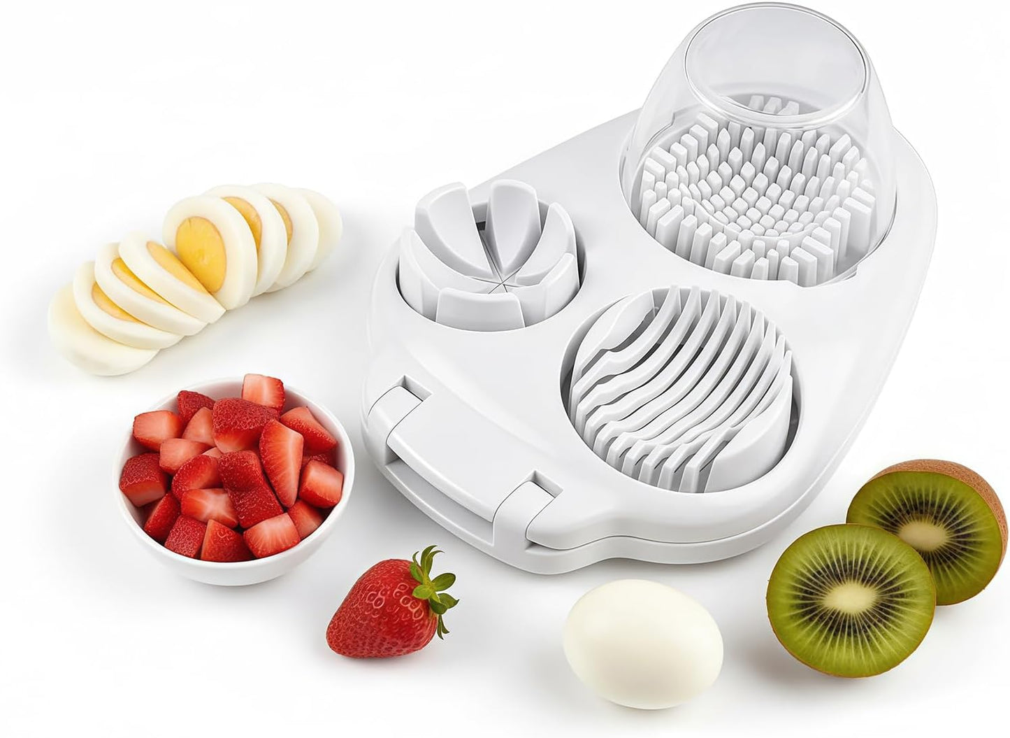 3-in-1 Egg Slicer for Hard Boiled Eggs – Stainless Steel Dicer & Cuber, 3 Slice Modes Kitchen Gadget for Strawberry, Cherry Tomato, Grape – Durable, Dishwasher Safe, BPA-Free (White)
