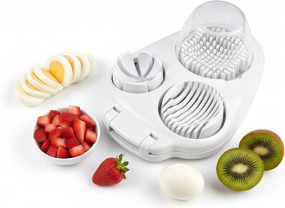 3-in-1 Egg Slicer for Hard Boiled Eggs – Stainless Steel Dicer & Cuber, 3 Slice Modes Kitchen Gadget for Strawberry, Cherry Tomato, Grape – Durable, Dishwasher Safe, BPA-Free (White)