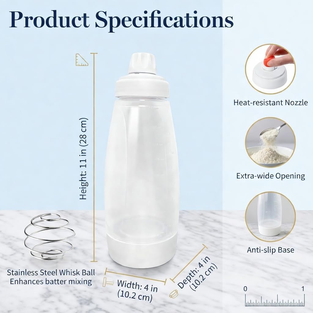 Batter Dispenser Bottle, 2 Pack, Measuring Pancake Batter Container for Baking