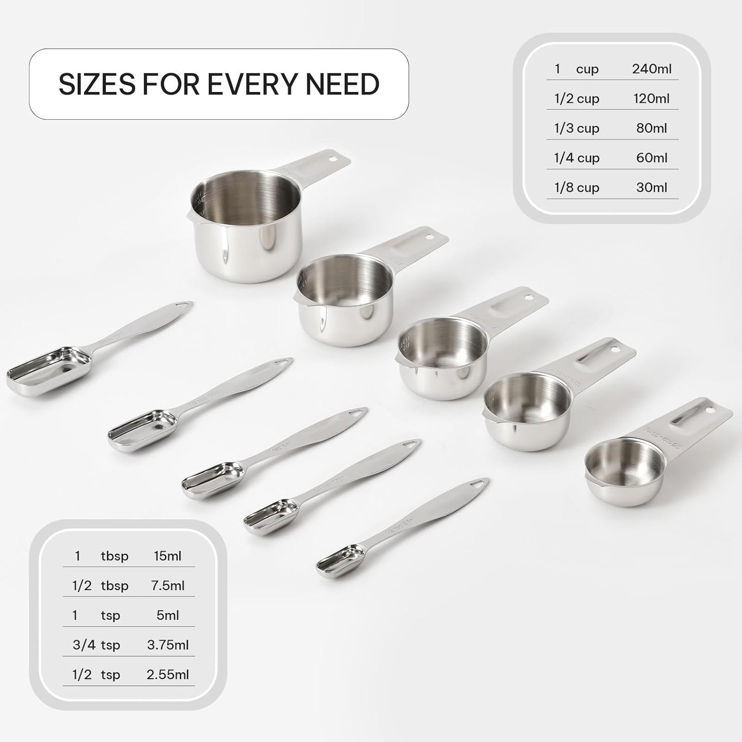 FANGSUN Narrow Measuring Spoons Set of 10, Heavy-Duty Stainless Steel Measuring Spoons with Long Handles & Engraved Measurements, Fits in Spice Jars, for Baking & Cooking