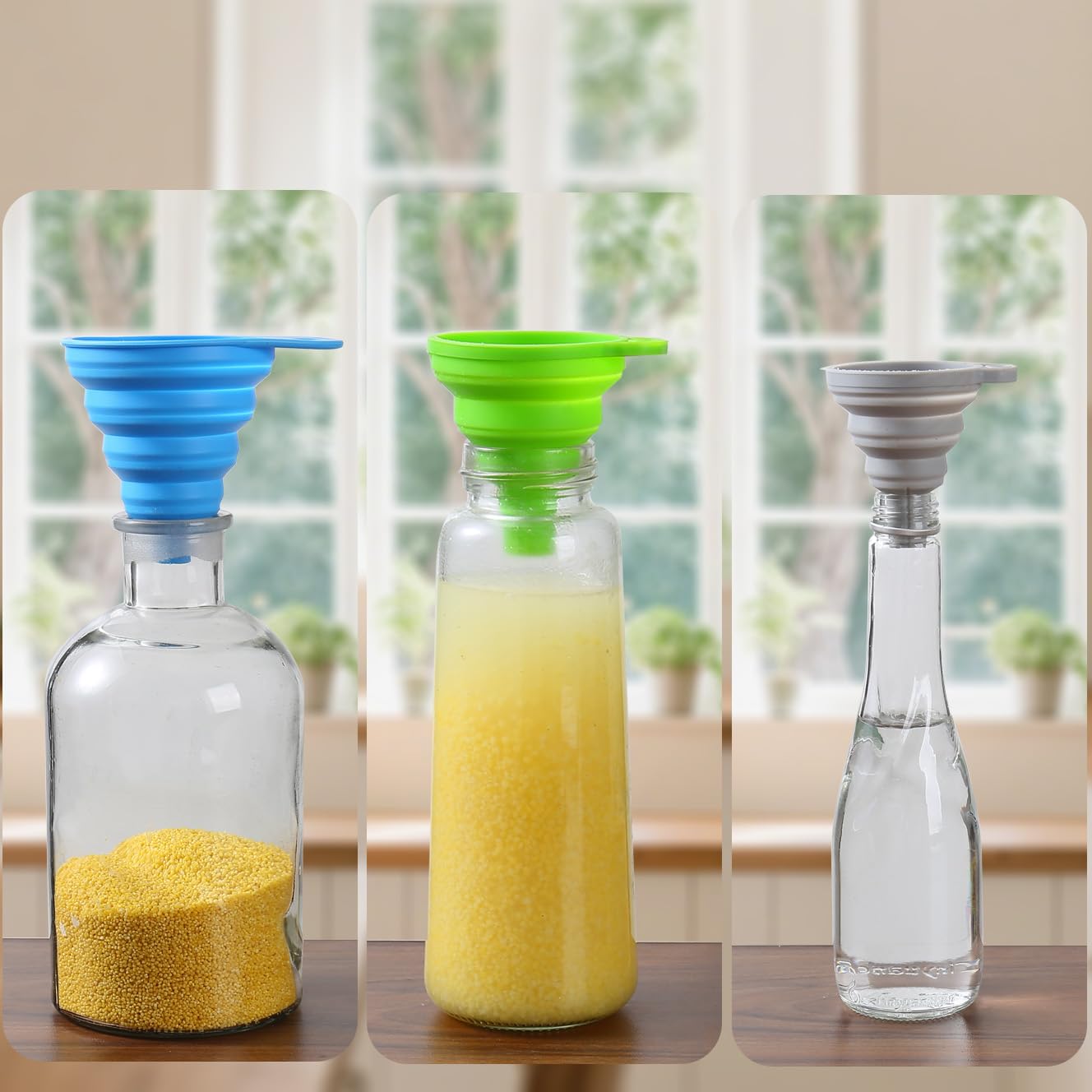 6 Pack Silicone Collapsible Funnels for Kitchen Use Filling Bottles, 3 Small and 3 Large Food Grade Kitchen Funnel Set for Filling Water, Oil, Spices, Powder – Silicone Funnels with Hook for Storage