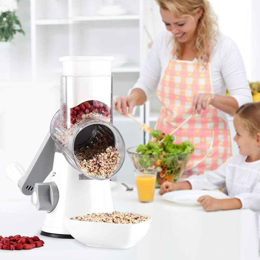 Ourokhome Rotary Cheese Grater Hand Crank, Kitchen Shredder Speed Mandolin Slicer Nut Grinder with Handle and Drum Blades for Cheese, Vegetable, Walnut, Chocolate, Potato, Carrot, 3 Blades, Dark Blue