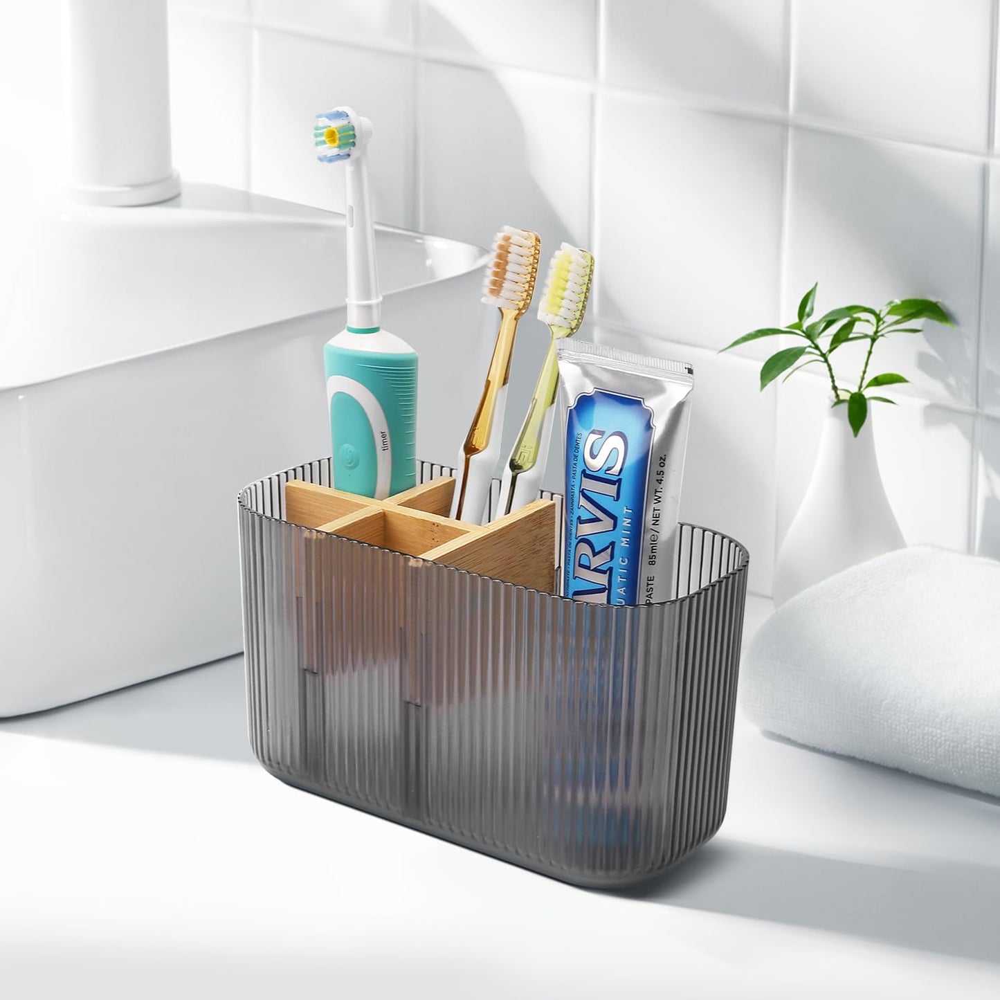 GFWARE Toothbrush Holders for Bathrooms, 5 Slots Bamboo Toothbrush Holder Kids Electric Toothbrush Holder and Toothpaste Holder for Bathroom Countertop Accessories Storage, Marble Toothbrush Organizer