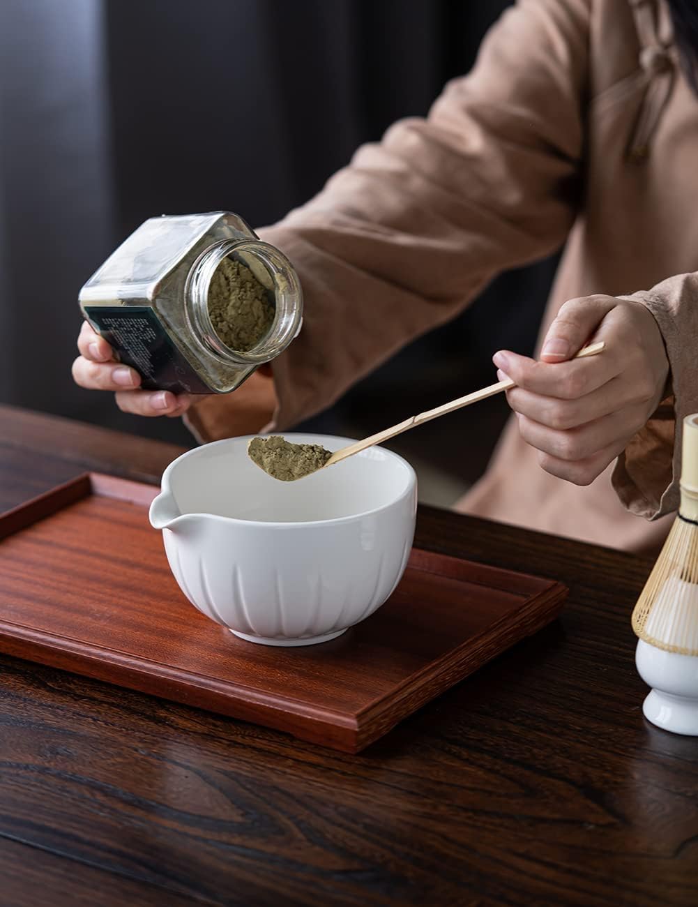 TANG PIN Matcha Set - Match Bowl and Whisk, 15 OZ, Matcha Scoop | Matcha Whisk Stand (Chasen Holder) - 4pc Perfect Matcha Kit for Matcha Tea Ceremony (Mottled Green)