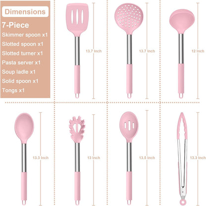 E-far Silicone Cooking Utensils Set, 7 Pcs Heat Resistant Kitchen Utensils with Stainless Steel Handle, Slotted Turner, Spoon, Soup Ladle, Pasta Server, Skimmer, Tongs for Nonstick Cookware, Black