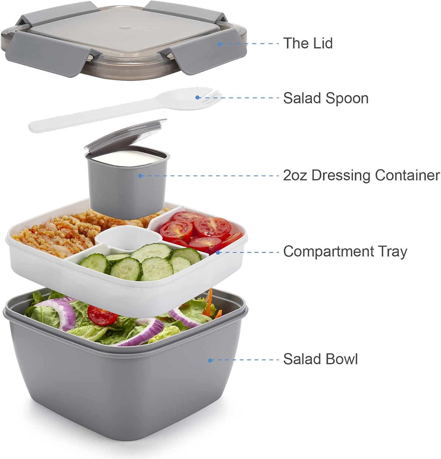 Freshmage Salad Lunch Container To Go, 52-oz Salad Bowls with 3 Compartments, Salad Dressings Container for Salad Toppings, Snacks, Men, Women (Blue)