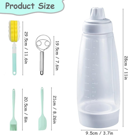 Pancake Batter Dispenser with Wire Whisk, BlenderBall, Silicone Spatula and Brush, Cleaning Brush, 1000 ML Large Capacity Leak-Proof Design for Pancakes Waffles Muffins and Crepes