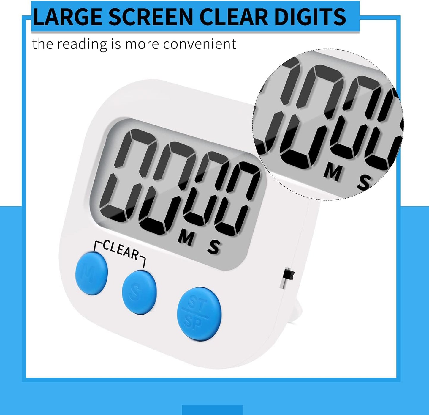 LinkDm 6 Pack Small Digital Kitchen Timer Magnetic Back and ON/Off Switch,Minute Second Count Up Countdown, White
