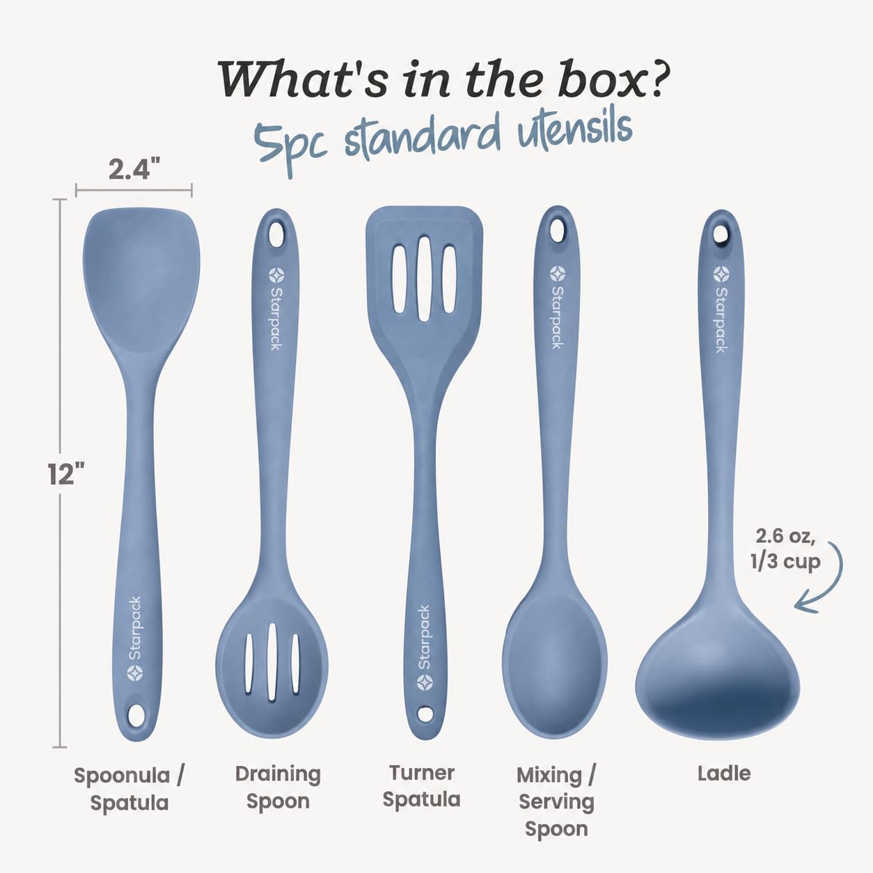 Starpack Stir and Serve Silicone Cooking Utensils Set (5-Piece, 11") - LFGB Non Toxic, 600°F Heat Resistant, BPA-Free - One-Piece Seamless, Dishwasher Safe - for Nonstick Cookware, Earthy Pink