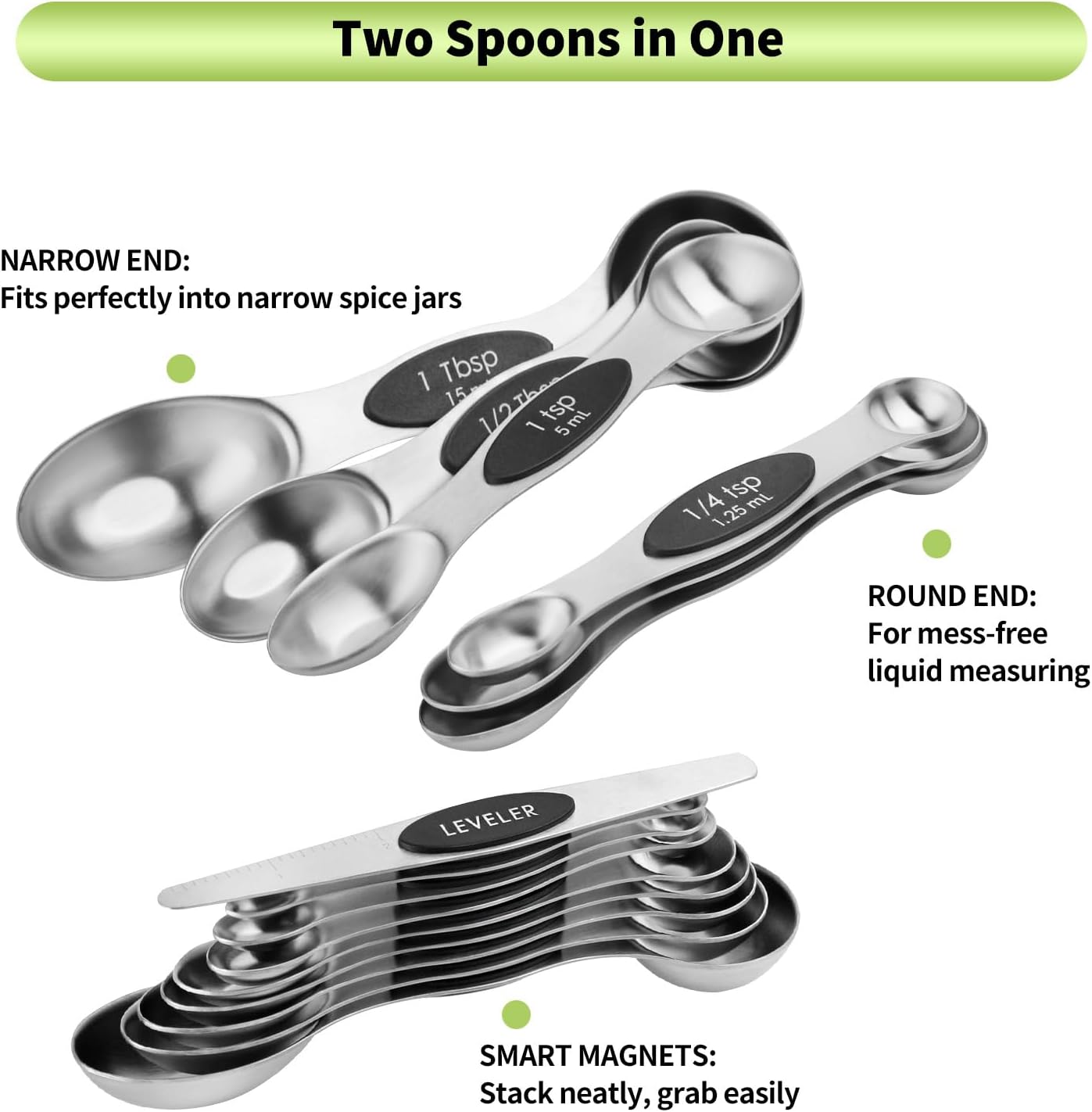 Gold Magnetic Measuring Spoons Set Stainless Steel with Leveler, Dual-Sided Stackable Metal Measuring Spoons for Baking & Cooking, Fits in Spice Jars, Heavy Duty Kitchen Gadgets, 8 Spoons & 1 Leveler