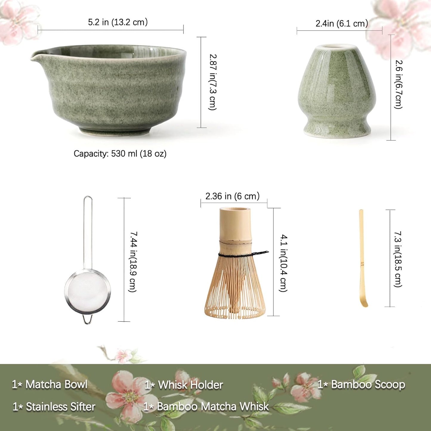 Buucup Matcha Set, Matcha Bowl with Spout, Matcha Whisk and Holder, Bamboo matcha Scoop and Stainless Sifter - 5 Pcs Jade Green Matcha Set Kit for Matcha Lover