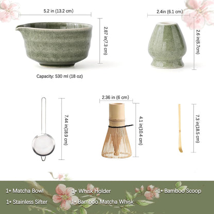 Buucup Matcha Set, Matcha Bowl with Spout, Matcha Whisk and Holder, Bamboo matcha Scoop and Stainless Sifter - 5 Pcs Jade Green Matcha Set Kit for Matcha Lover