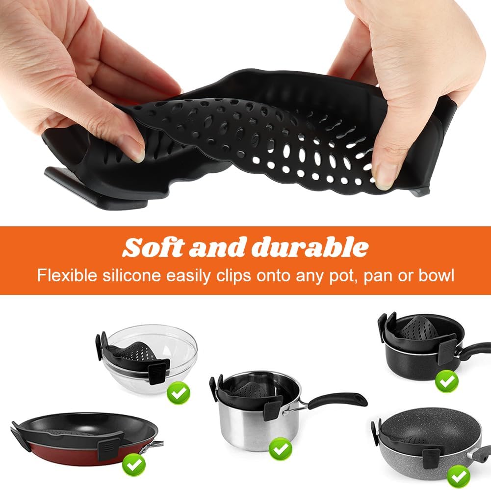 Clip on Strainer with Scraper,Silicone Strainer for Pots and Pans Adjustable Pasta Colander for Meat Vegetables Fruit Universal Fit For All Utensils(COLOR:black)