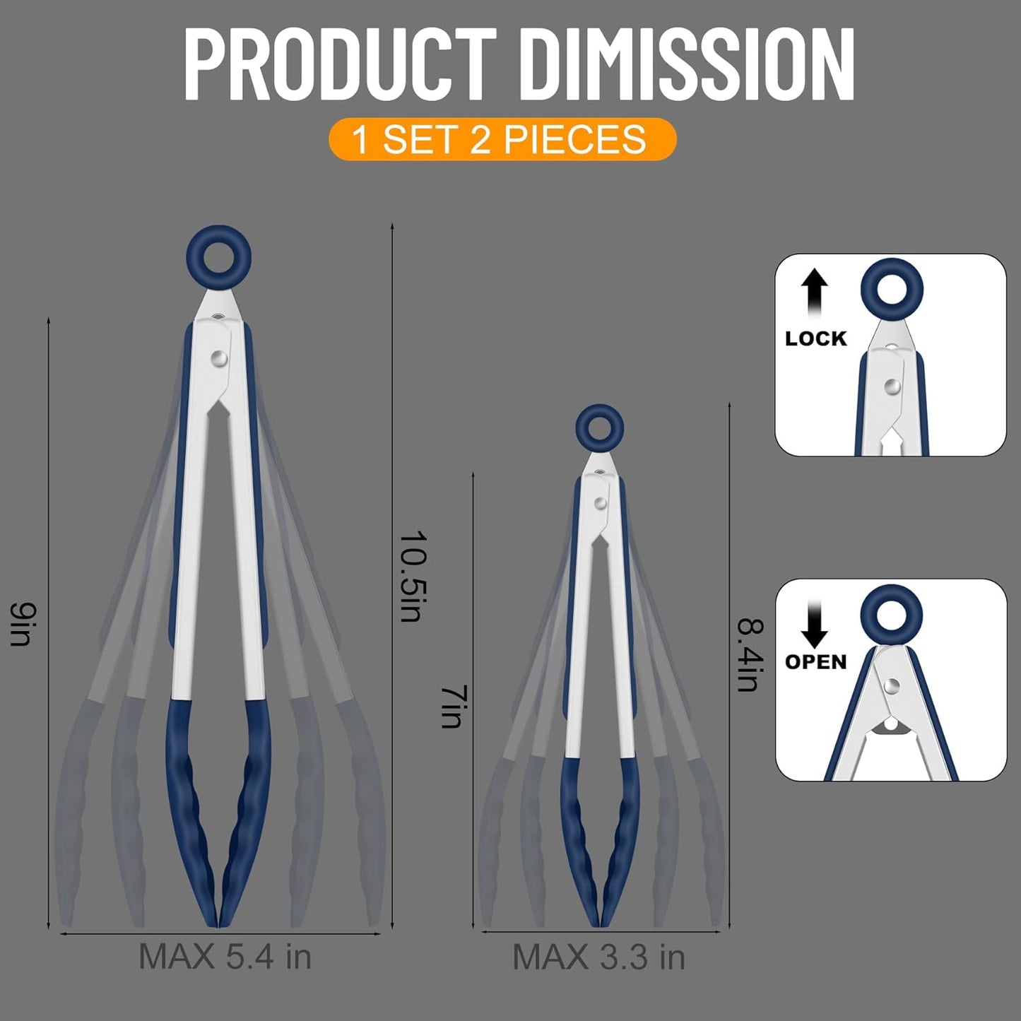 HOTEC Premium Stainless Steel Locking Kitchen Tongs with Silicon Tips, Set of 3-7", 9" and 12" (Gradient Blue)