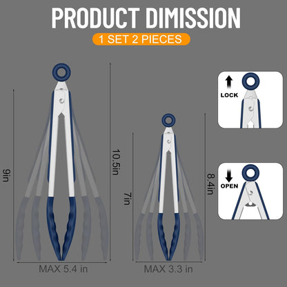 HOTEC Premium Stainless Steel Locking Kitchen Tongs with Silicon Tips, Set of 3-7", 9" and 12" (Gradient Blue)