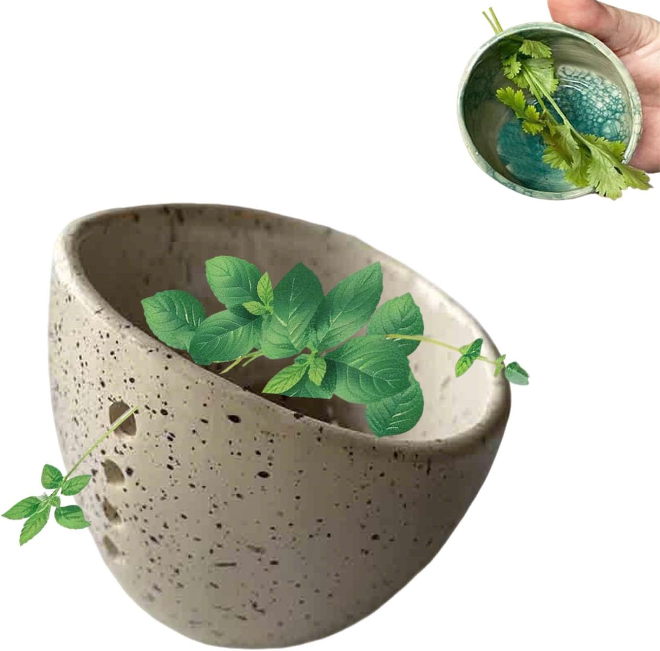 2025 New Handmade Pot Herb Stripper, Herb Stripper Bowl Ceramic, Used for Separating Leaves and Stems, Different Sizes of Holes Suitable for Leaves of Different Sizes (Blue)