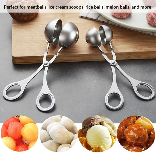 Stainless Steel Meatball Maker Tongs, 2-Pack Large and Small Kitchen Tool Set for Ice Cream Scoops, Rice Balls, Melon Balls, Silver Spring-Loaded Design with Ergonomic Handle, Standard Size
