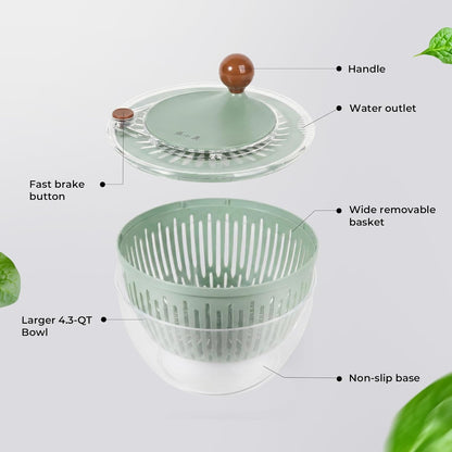 Salad Spinner Large Lettuce Spinner 4.3 Qt with Non-Slip Base & Stop Button Vegetable Dryer & Fruit Washing Bowl for Efficient Salad Prep