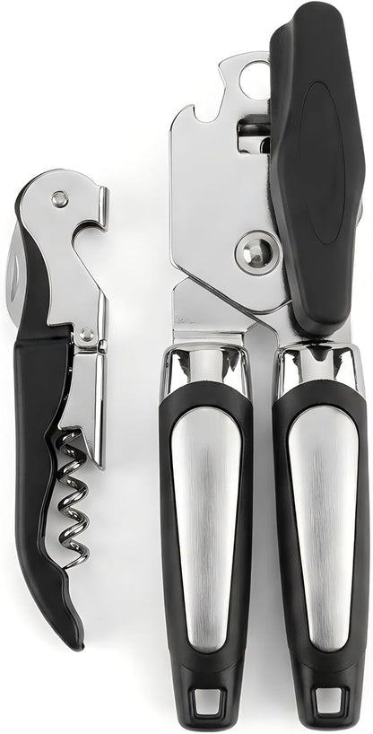 Phmnkl Manual Can Opener & Wine Corkscrew Set, Smooth Edge Safe Cut, Ergonomic Soft Grip for Seniors & Arthritis, Food Grade Stainless Steel, Great Kitchen Gift for Home & Camping