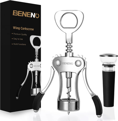 Beneno Wine Opener, Zinc Alloy Premium Wing Corkscrew with Multifunctional Bottles Opener, Sharp Wine Corkscrew with Ergonomic Non-Slip Wing Handle, Silver