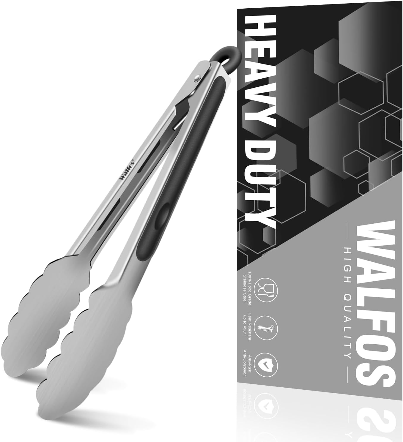 Walfos 600 Degree Heat Resistant Silicone Tongs for Cooking - Kitchen Tongs With Silicone Tips set of 3 size Food Looking Tongs (7" 9" and 12 inch Dark Grey)