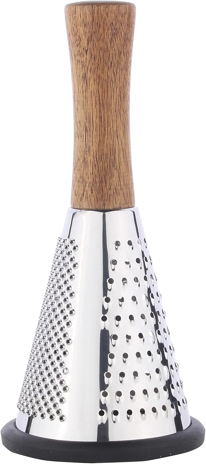 Cone Cheese Grater with Handle - Stainless Steel Triple Function Wood Handle Parmesan Shaver Non-Slip Rubber Bottom Hand Held Multifunction Vegetables Cheese Grater with container(S: 7.7" X 3.5")